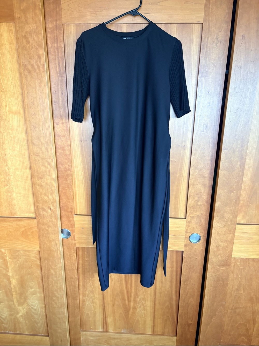 Zara Black Midi Dress with Ribbed Short Sleeves